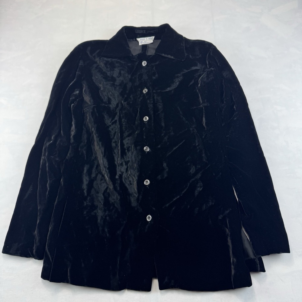 Blu Charme Made in Italy Black Velvet Jacket Button Front Collared Women's VTG